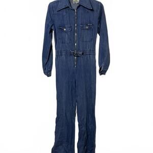Rare Vintage 1970's Rose Hips Women's Belted Denim Flare Overalls Jumpsuit 4/5